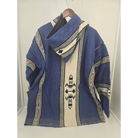 Vintage Baja Hoodie Jacket Mexican Blanket Style Blue Black White Large - Picture 2 of 4